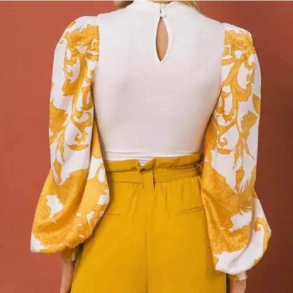 Mustard & White Mixed Fabric Knit Bodysuit - Picture 4 of 6